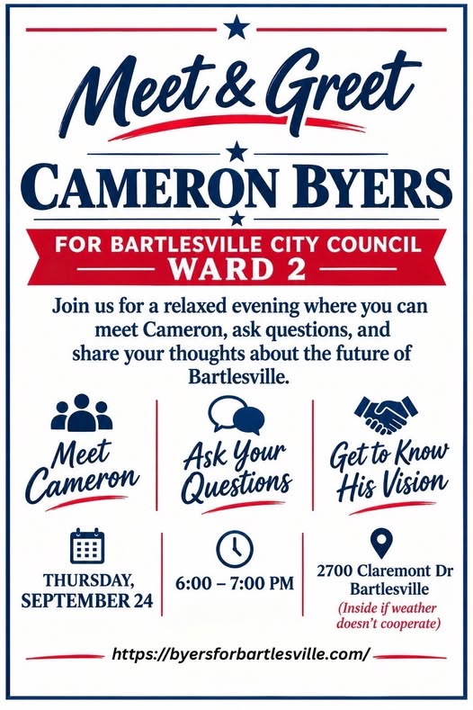 Cameron Byers for Bartlesville City Council Ward 2 Meet & Greet flyer: September 24, 6:00–7:00 PM, 2700 Claremont Dr, Bartlesville.