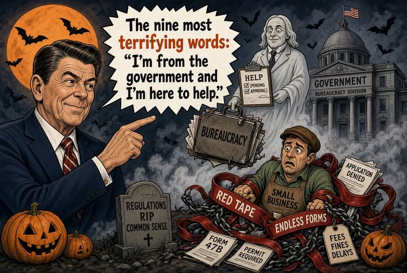 Halloween illustration of Ronald Reagan saying "The nine most terrifying words: 'I'm from the government and I'm here to help.'" while pointing at a small business owner tangled in red tape, forms, and chains